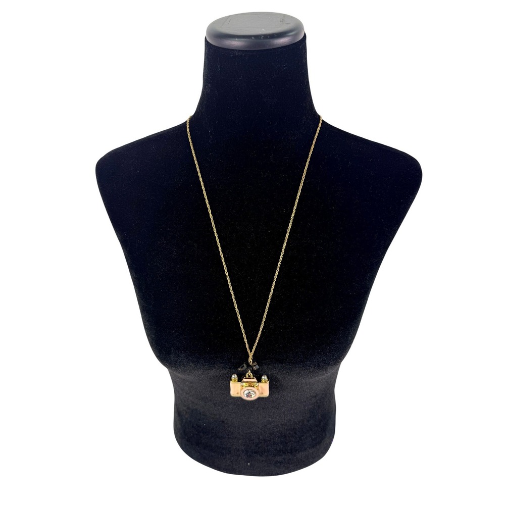 Betsey Johnson Pink Enamel Camera Rhinestone Pendant Gold Tone 32" Necklace